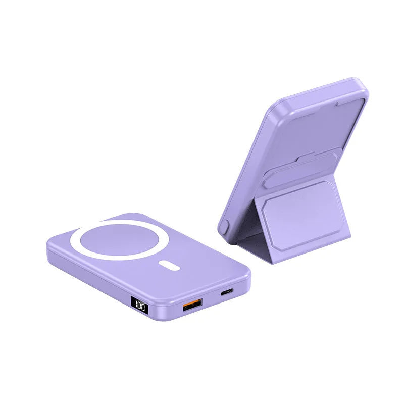 Magnetic wireless charging power bank with folding stand unfolded, shown in navy blue colour.