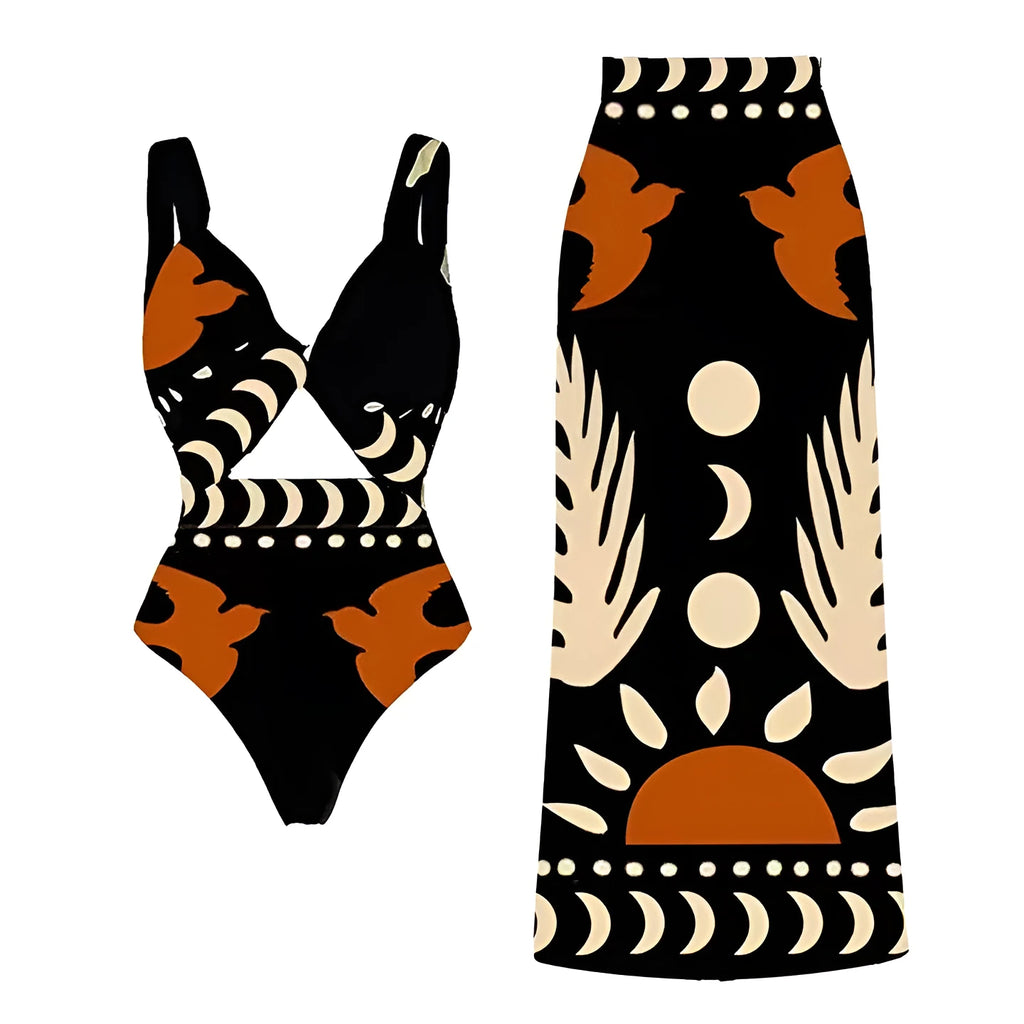 Women's black one-piece polyester swimsuit on a hanger, with other colour options visible.