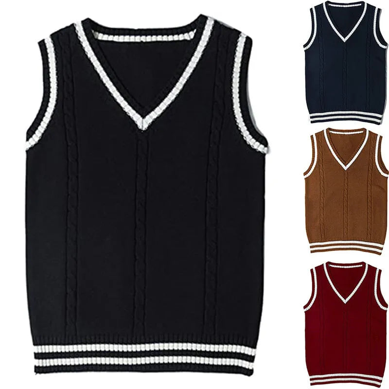 Women's V-neck striped waistcoat sweater in acrylic knit fabric showing slim fit silhouette