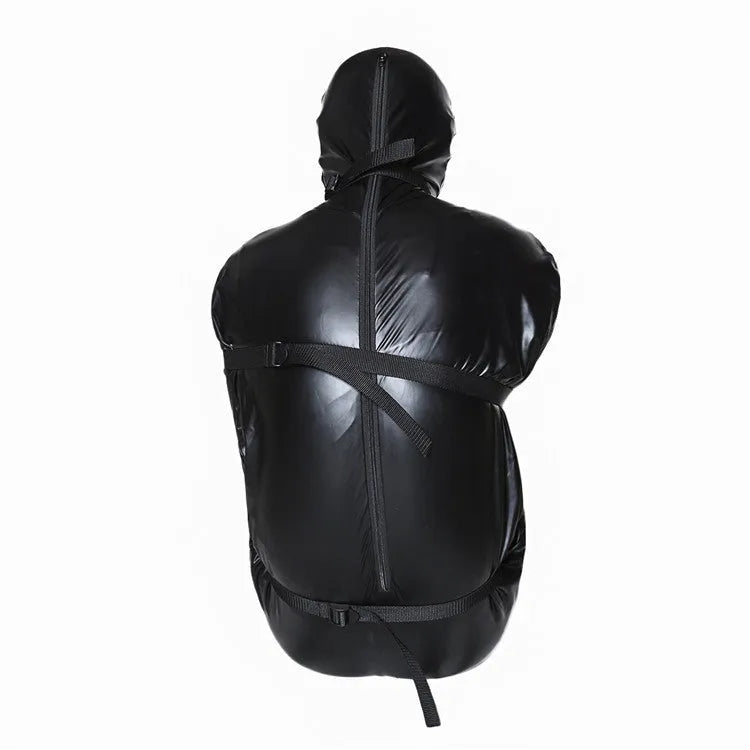 Black patent leather restraint set showing full body wrap harness and six ratchet tie down straps