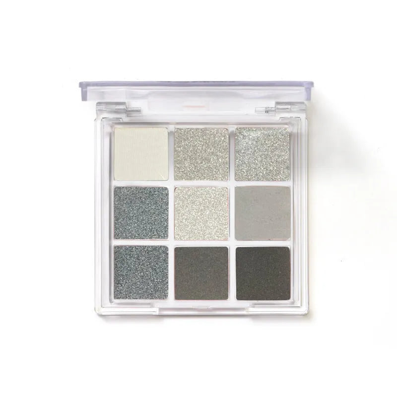 Nine-colour smoked eye shadow plate showing white, silver, black, and iron grey shades in INS style case