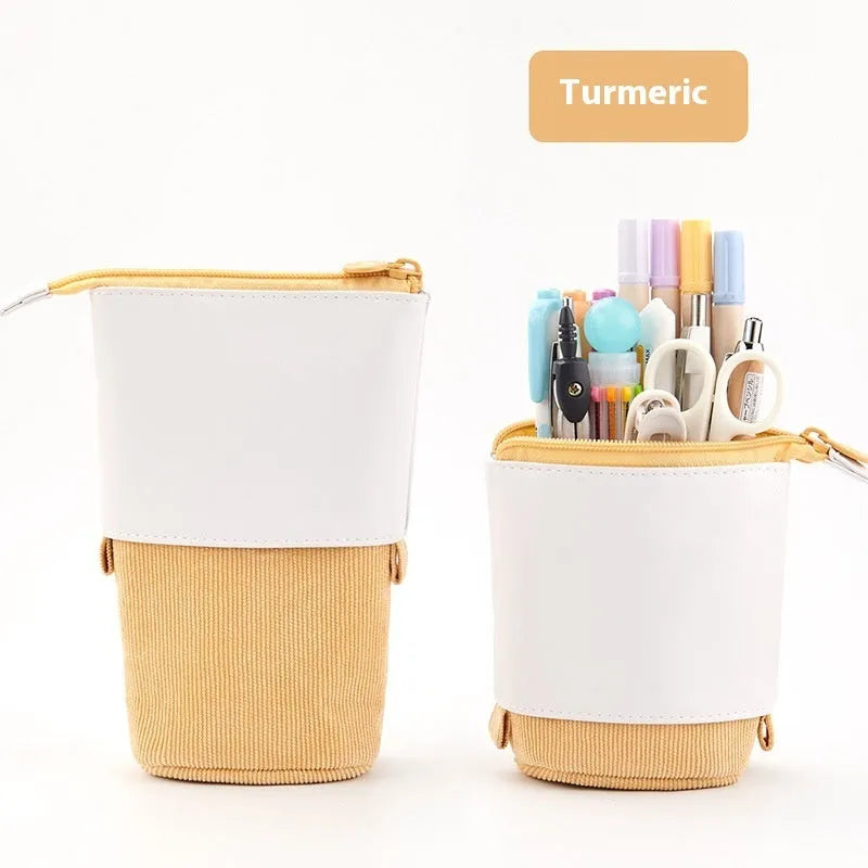 Korean style drop-down telescopic stationery case in corduroy PU material