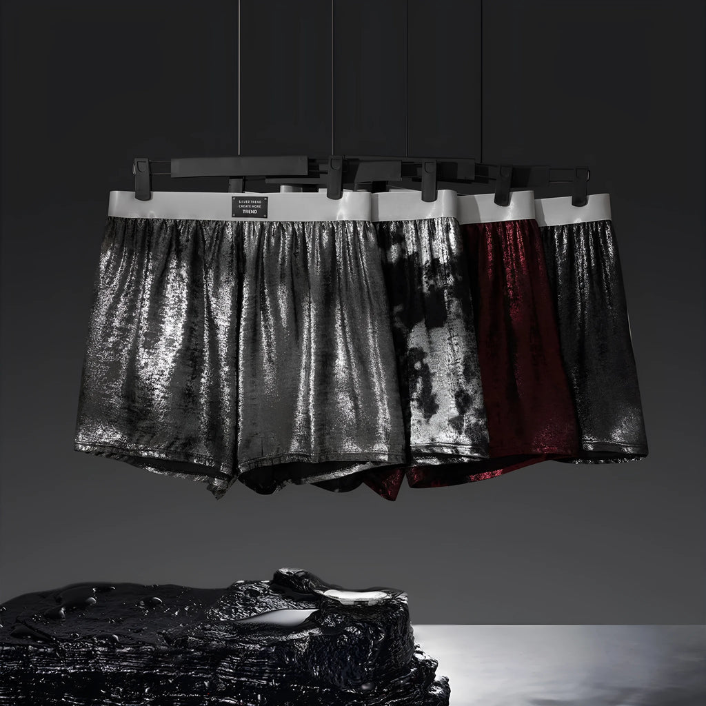 Men's casual woven underwear in reflective silver with mid-waist design for sports activities