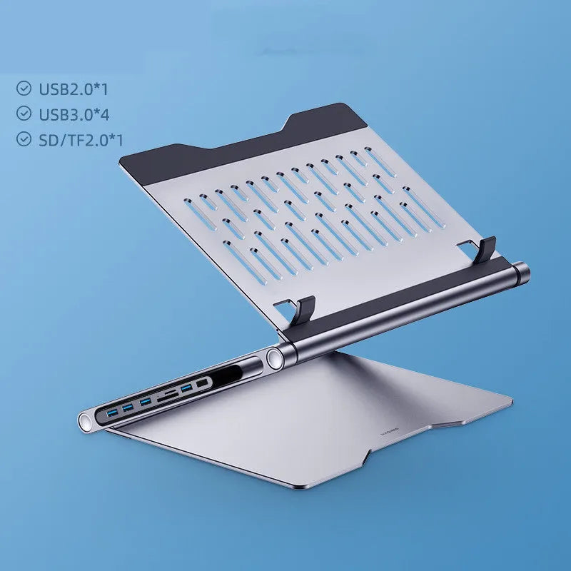 Aluminium alloy laptop stand with 8-in-1 docking station in deep space grey, cave-type design with silicone pads