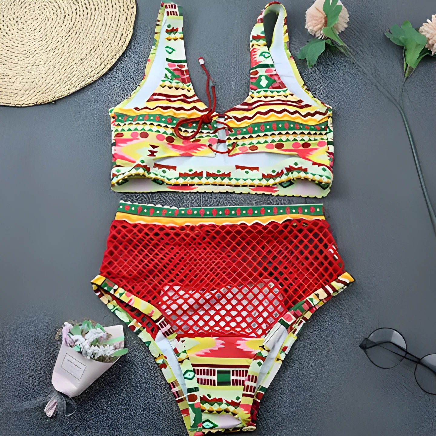 Women's checkered cross strap bikini set with high-waisted shorts