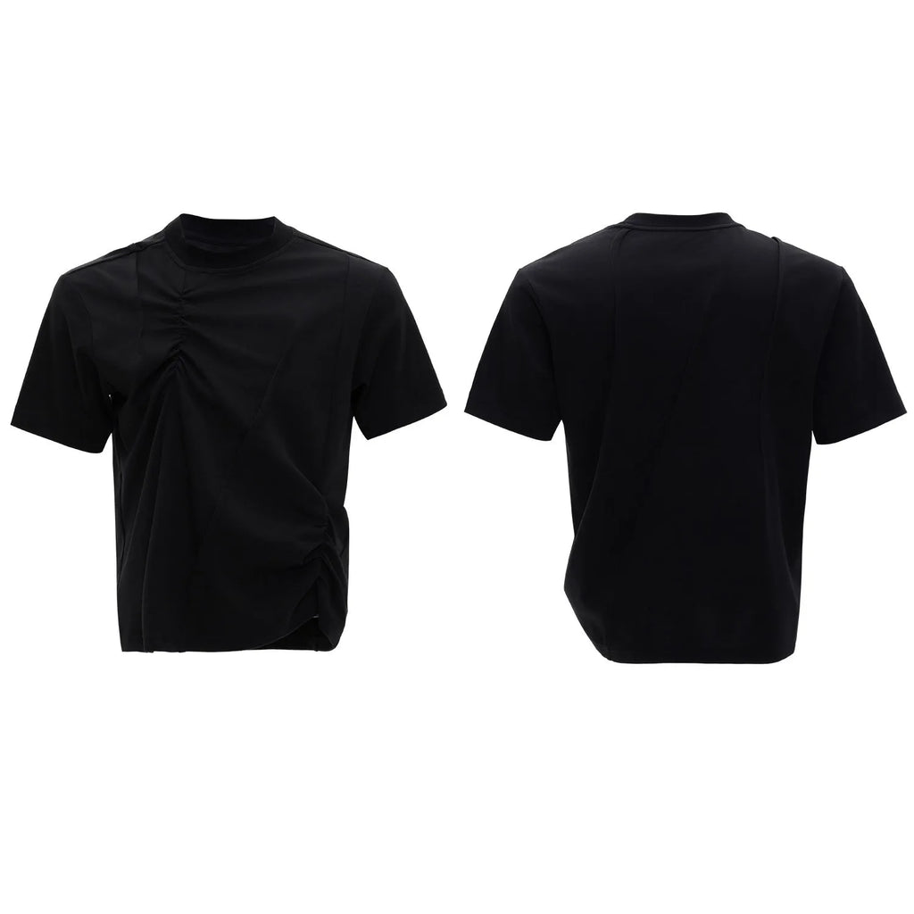 Men's loose grey cotton t-shirt with three-dimensional pleated detail and asymmetric styling