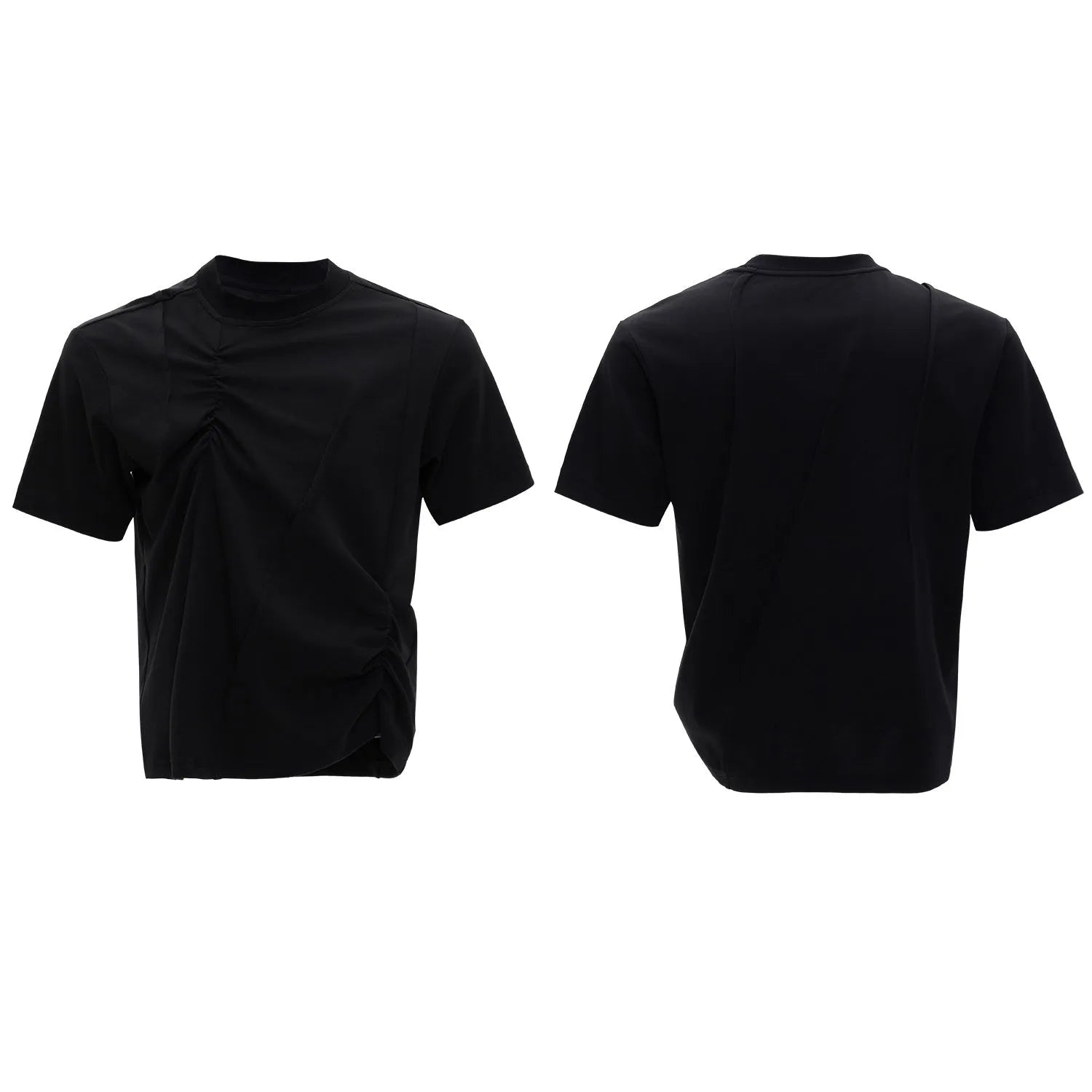 Men's loose grey cotton t-shirt with three-dimensional pleated detail and asymmetric styling