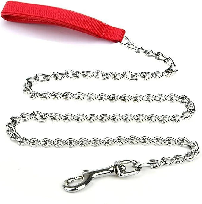 Heavy duty metal chain dog leash with a soft black padded handle, shown in red blue and black colours.