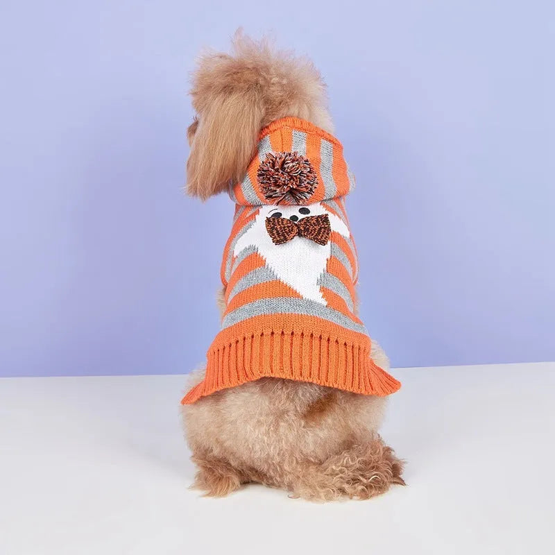 Orange striped knitted acrylic pet sweater with hood and fur ball decoration for Halloween
