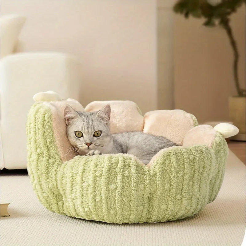 Cactus design cat litter kennel bed in green or purple colour, showing soft construction