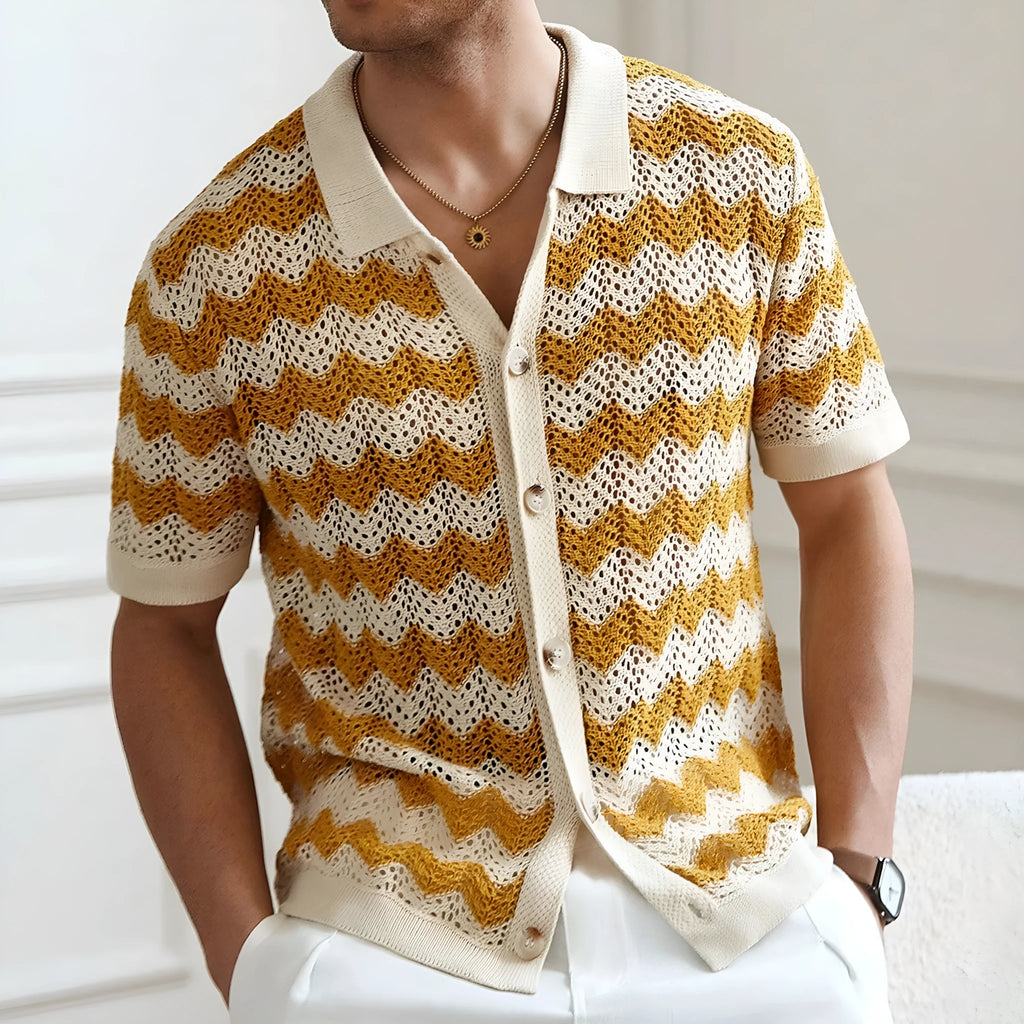 Short sleeve Tencel viscose sweater with jacquard corrugated flocking pattern in blue.