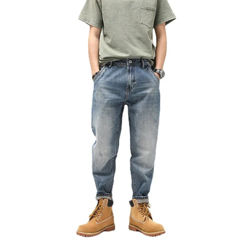 Men's retro blue jeans, loose straight-leg cut, 100% cotton denim, middle waist, nine-pants length.