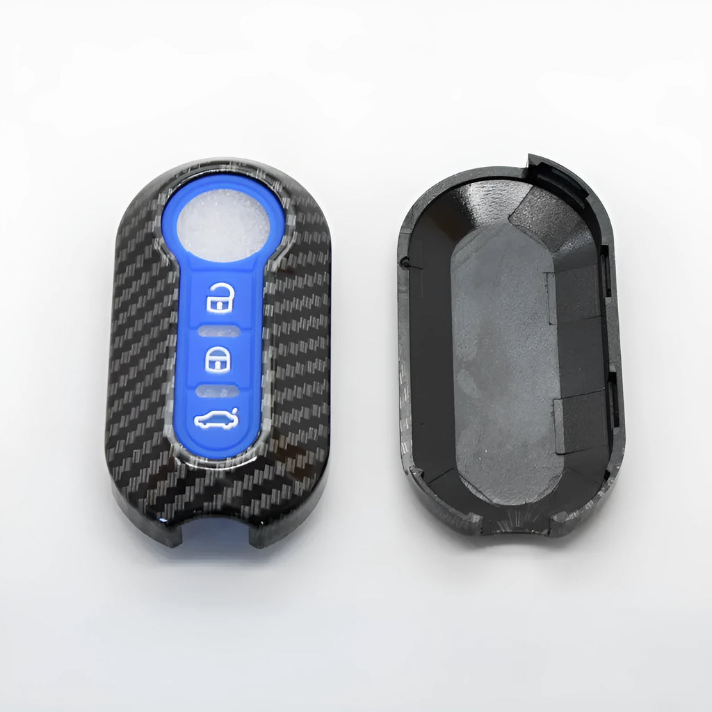 Fiat 500 Boyue Ottimo Viaggio carbon fibre design remote key case in black, red, and dark blue colours.