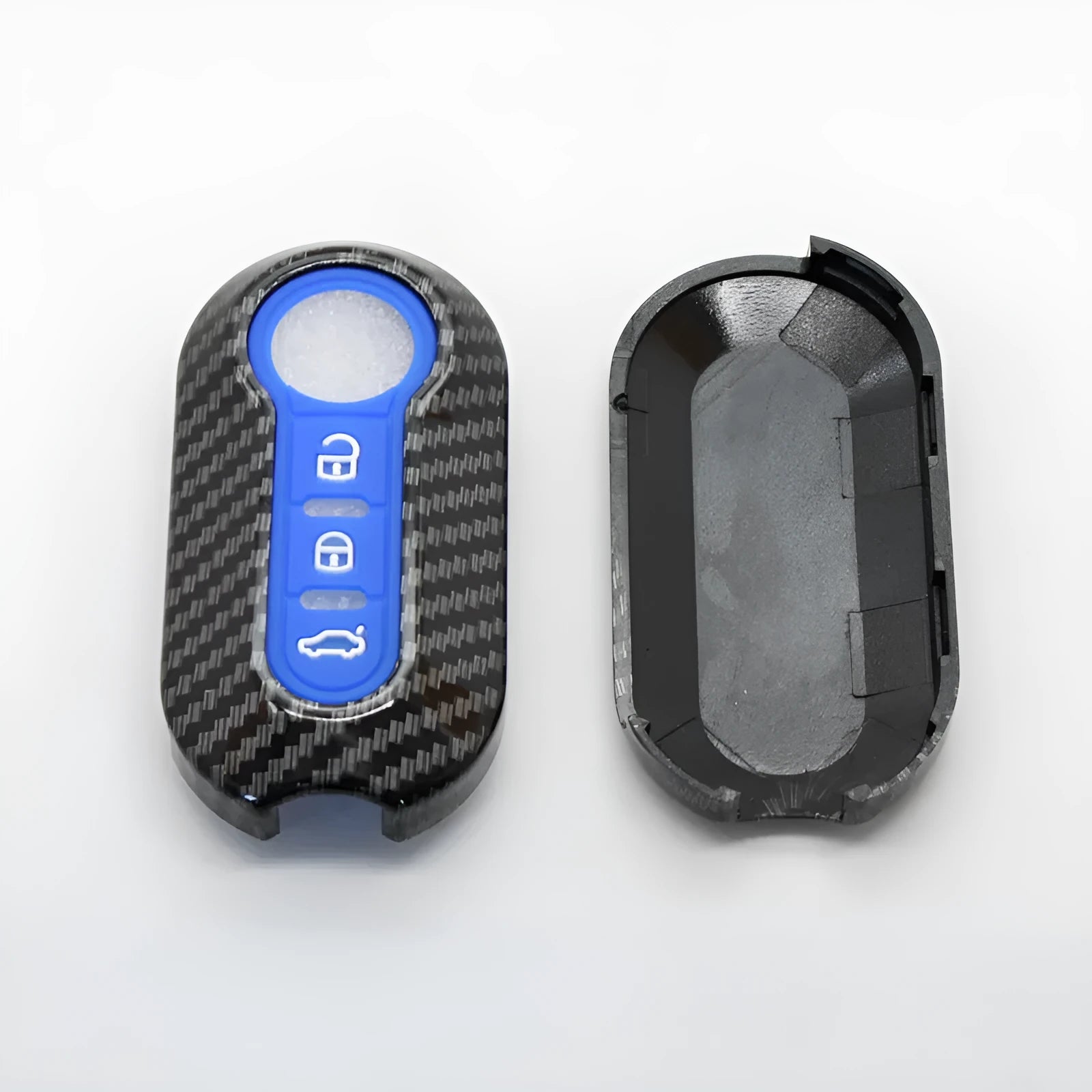 Fiat 500 Boyue Ottimo Viaggio carbon fibre design remote key case in black, red, and dark blue colours.