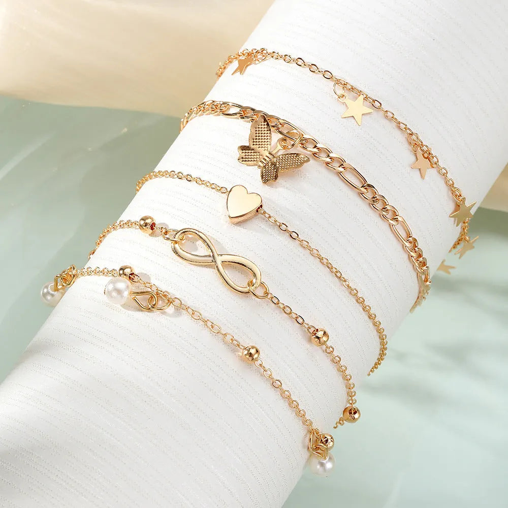 Butterfly pearl heart anklet set of four silver-tone alloy foot chains for women