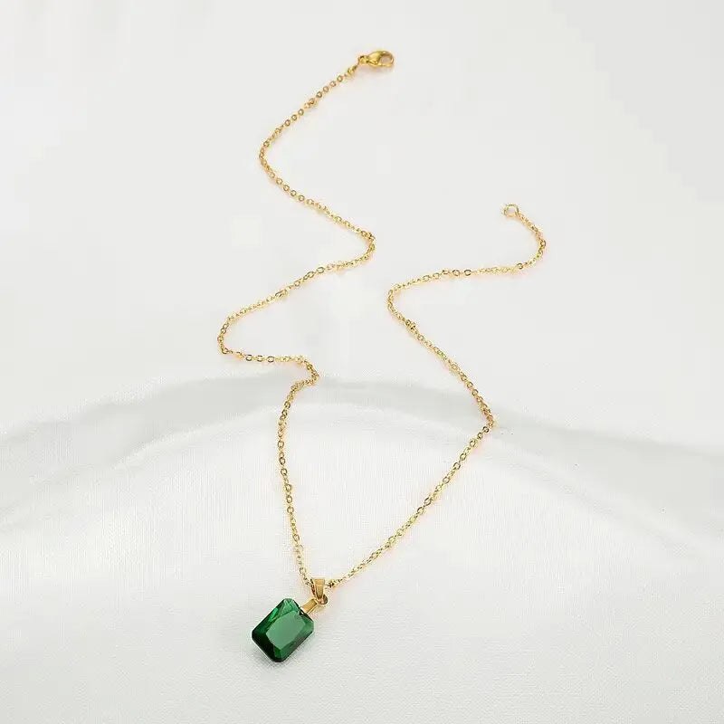 Green rectangular copper geometric pendant necklace on an O-ring chain
