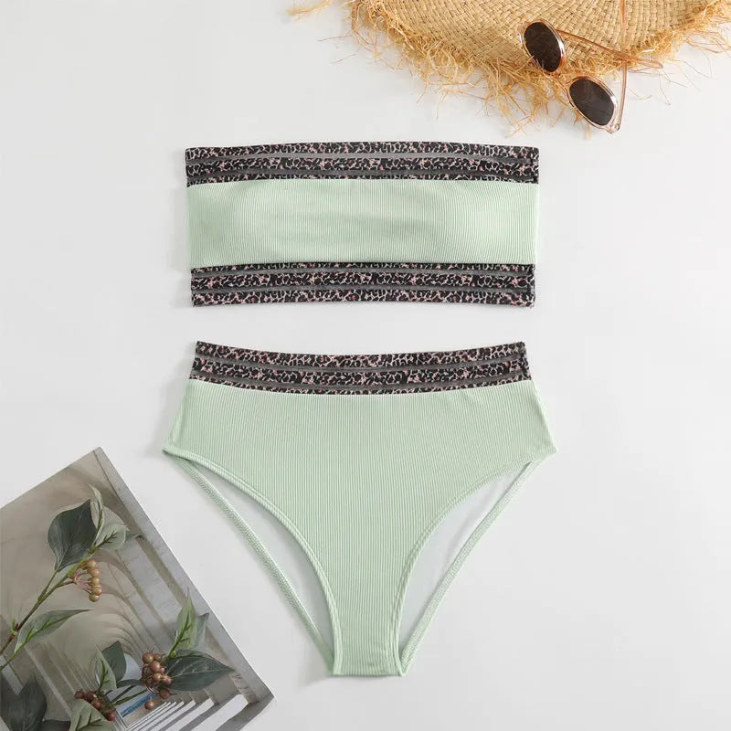 Black strapless split swimsuit with leopard print detail and high elasticity fabric