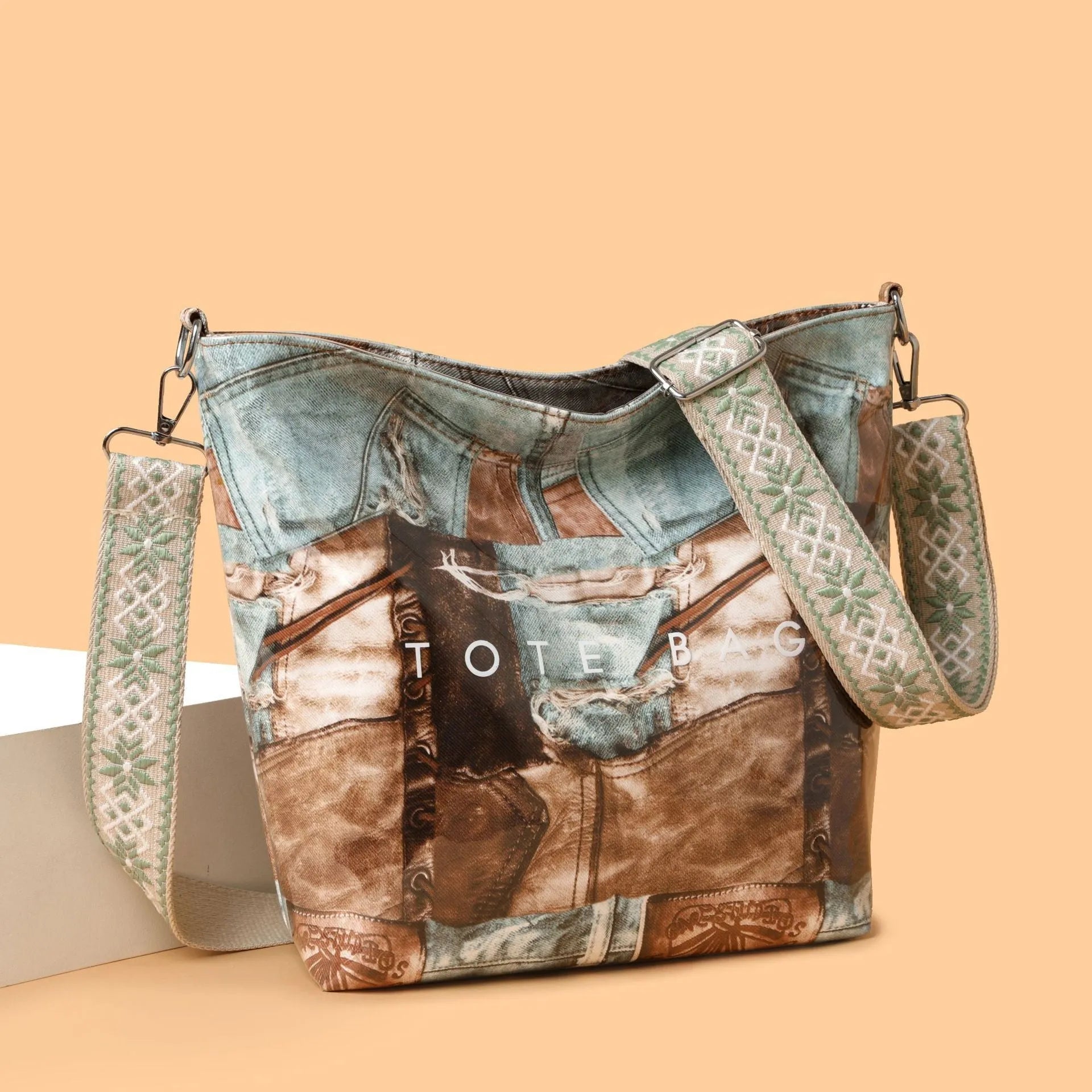 Large capacity retro patchwork PVC tote bag in pink with sandwich pocket and single shoulder strap