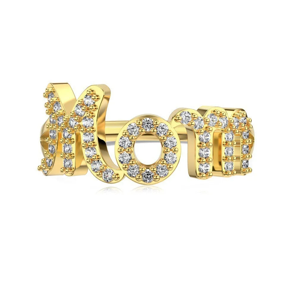 S925 sterling silver women's ring with English Mom letter design, refined zircon accent, platinum or gold colour, sizes 6-9