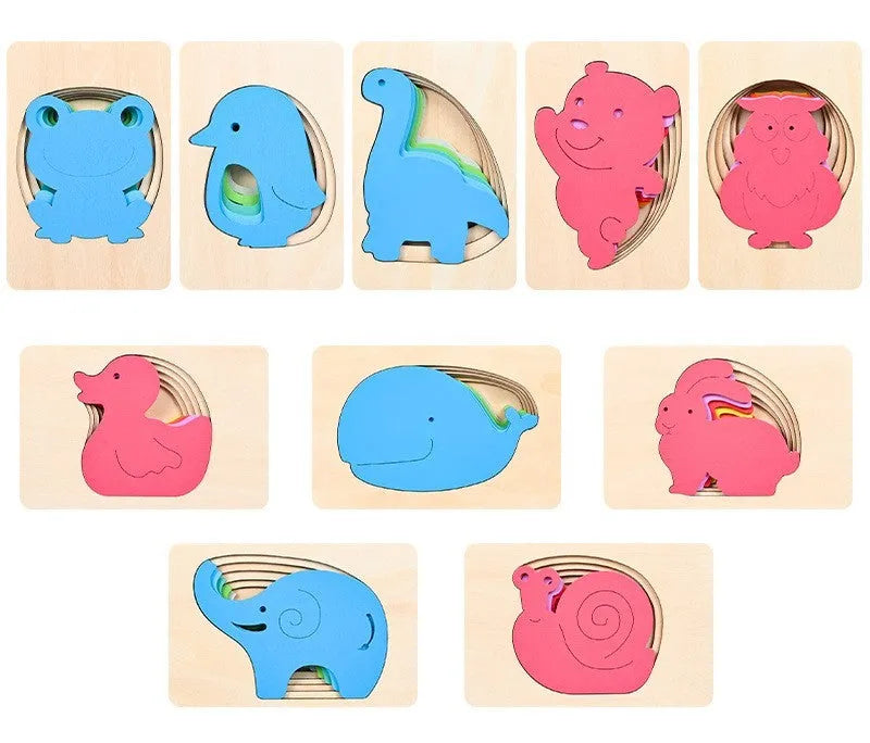 Children's wooden 3D animal puzzle model, multi-layer gradient design, 14.7 x 9.7 x 1.6 cm, ten animal styles