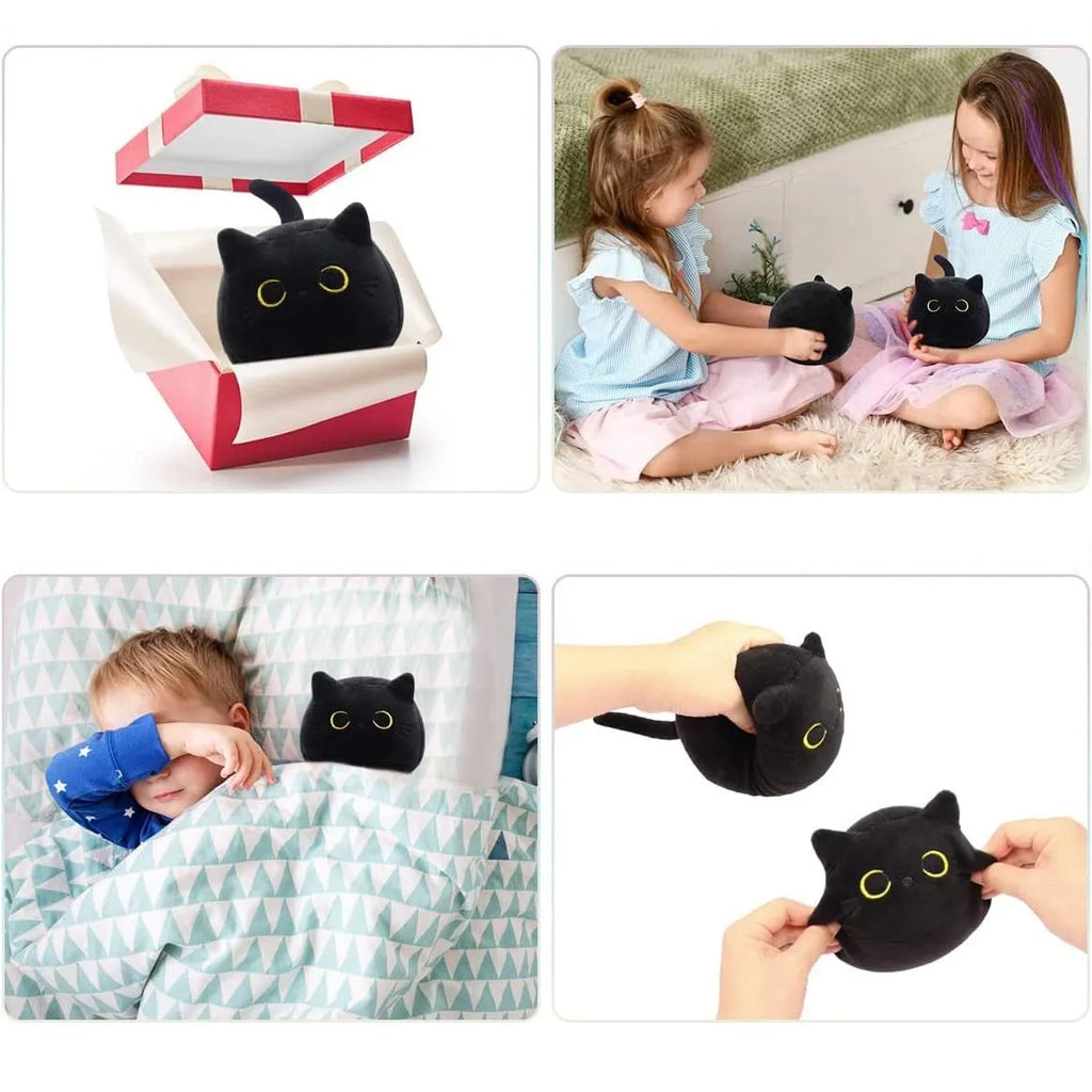 Black fluffy cat plush toy stuffed animal shown as a soft pillow cushion approximately 35cm long.