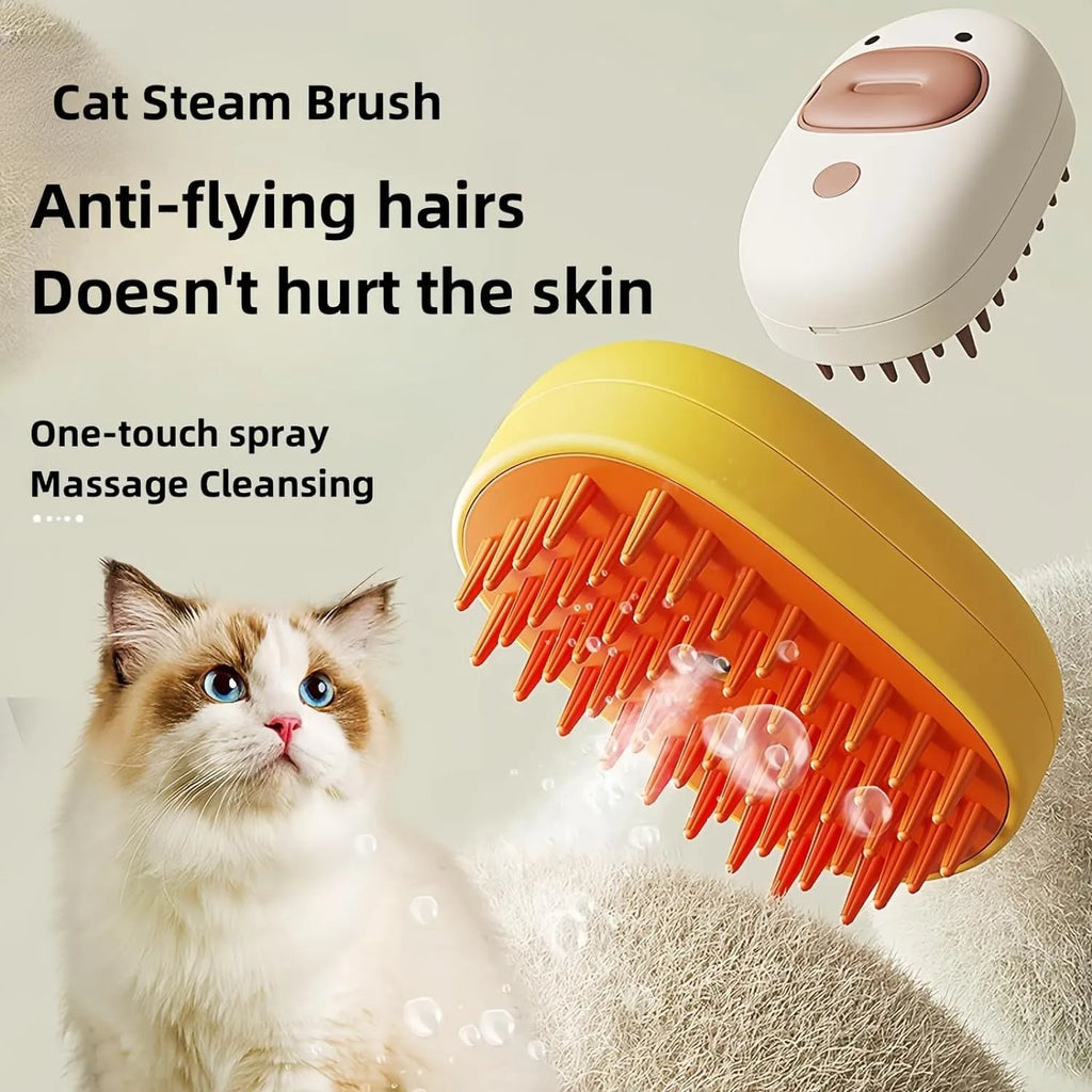 White or yellow pet steam brush with rubber comb teeth and rechargeable spray function