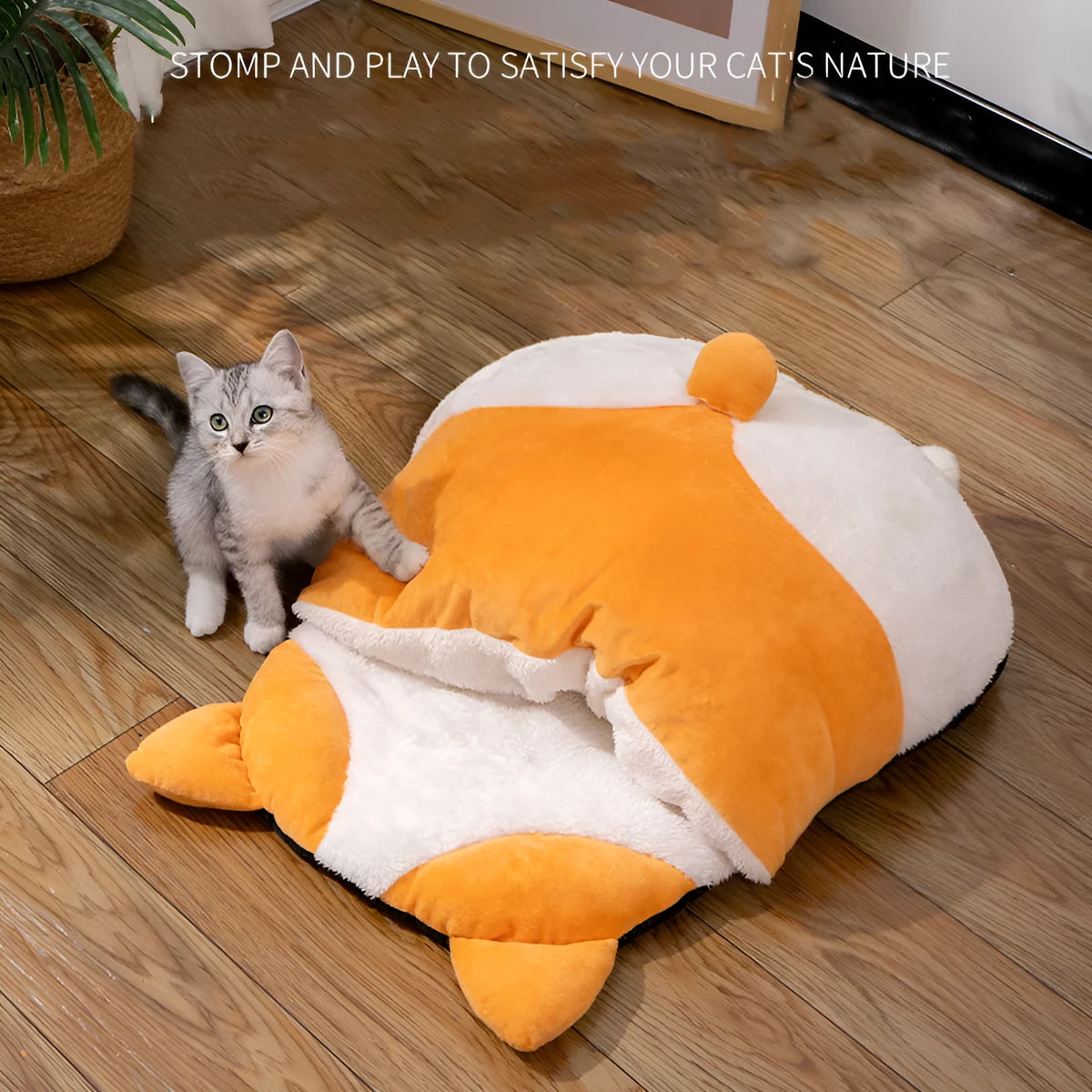 Orange semi-enclosed cat sleeping bag bed, 65 x 53 x 12 cm, winter pet nest and sleeping mat