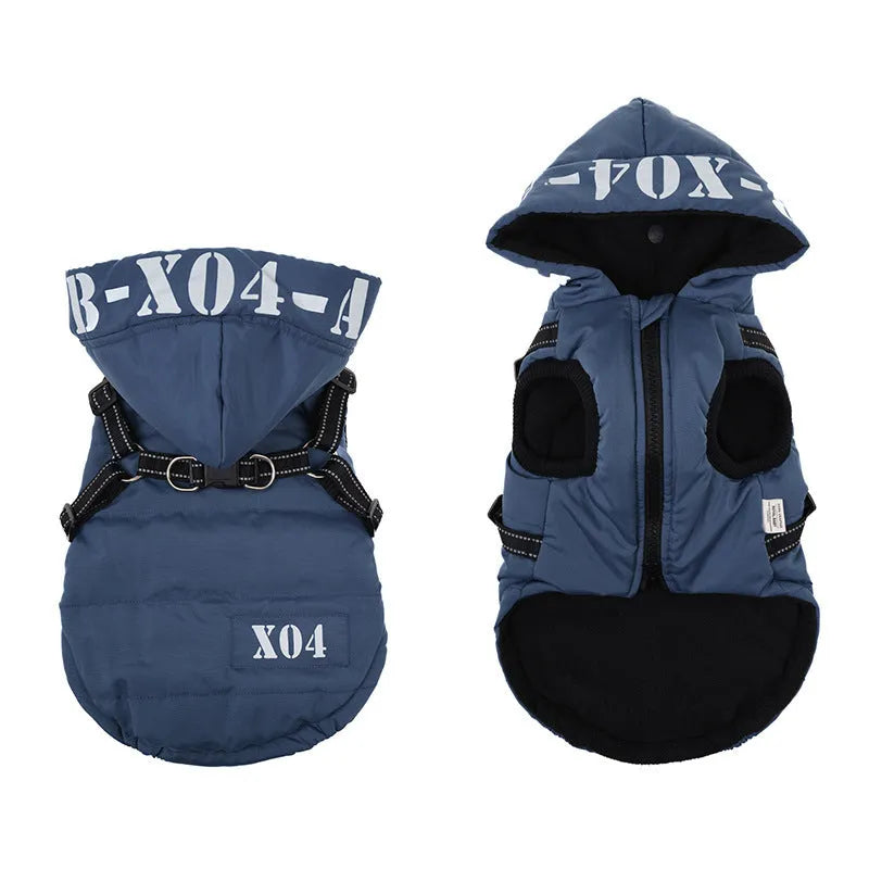 Red fleece-lined waterproof dog coat with hood on a small dog, showing casual style and fit.