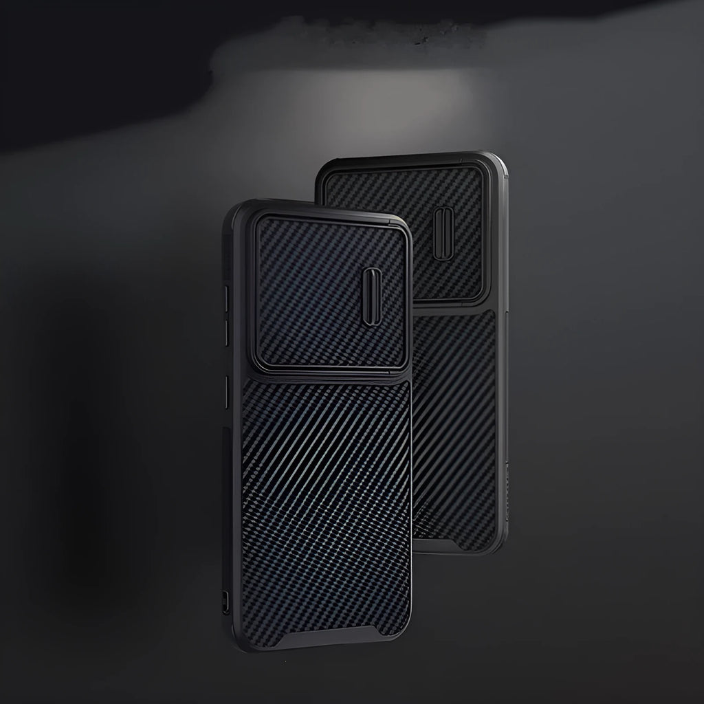 Black Samsung S23 Ultra phone case with a sliding cover over the rear camera lenses.