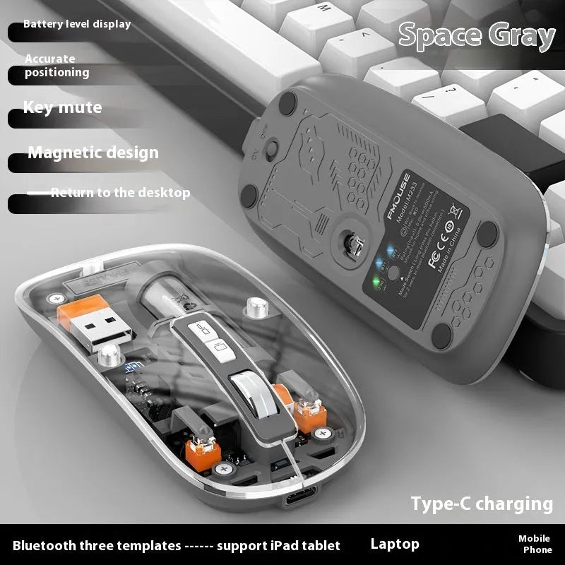 Transparent wireless computer mouse with USB connector showing internal components