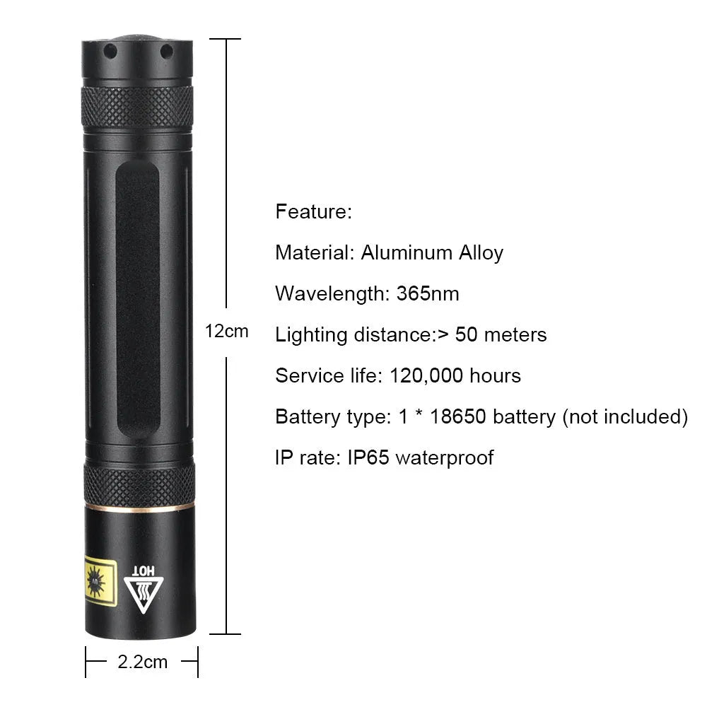 Y36 365nm UV flashlight with aluminium alloy body and 5W LED for fluorescence detection and anti-counterfeiting