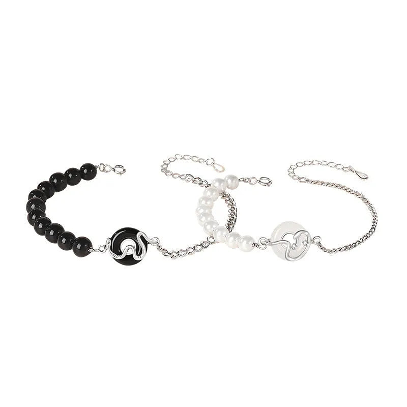 925 sterling silver couple bracelet with obsidian pearls and snake design in New Chinese style