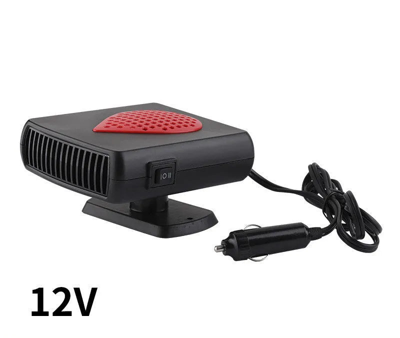 Car demister and defroster with quick-heat fan, 150W, 12V or 24V, black and red or black and grey.