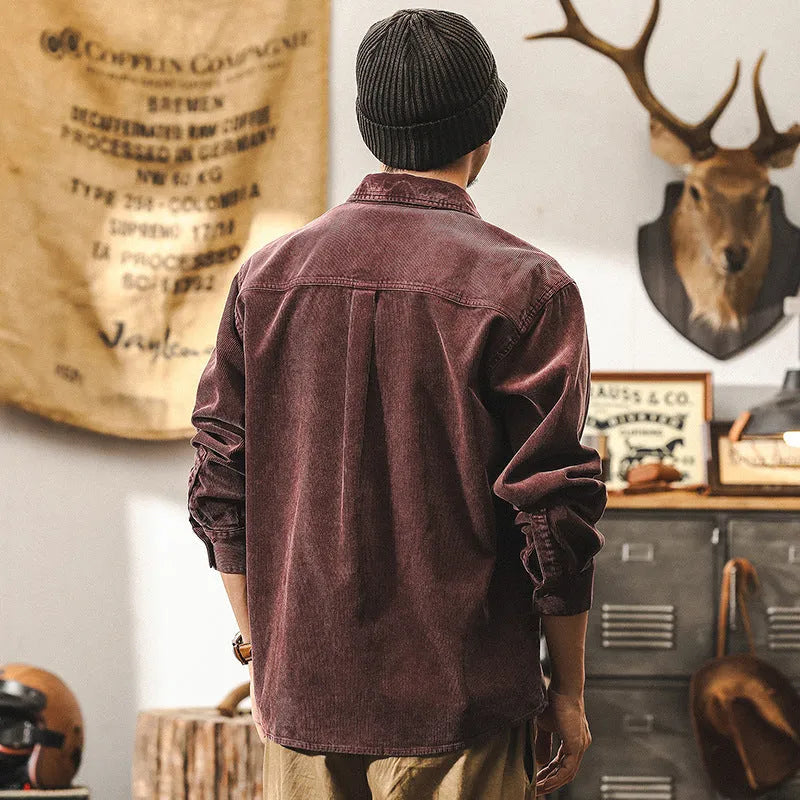Men's retro corduroy shirt jacket in loose fit available in red and black colours