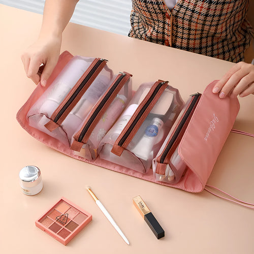 4pcs foldable cosmetic travel bag set in assorted colours made from polyester with zipper pockets