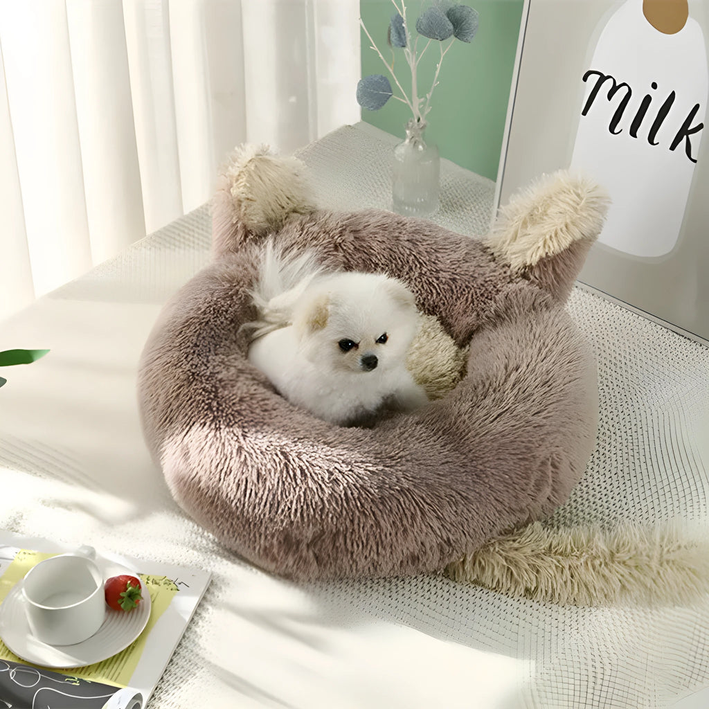 Cloth round pet nest for rabbit or small dog, available in 40cm to 80cm sizes and nine colours including dark grey and beige.