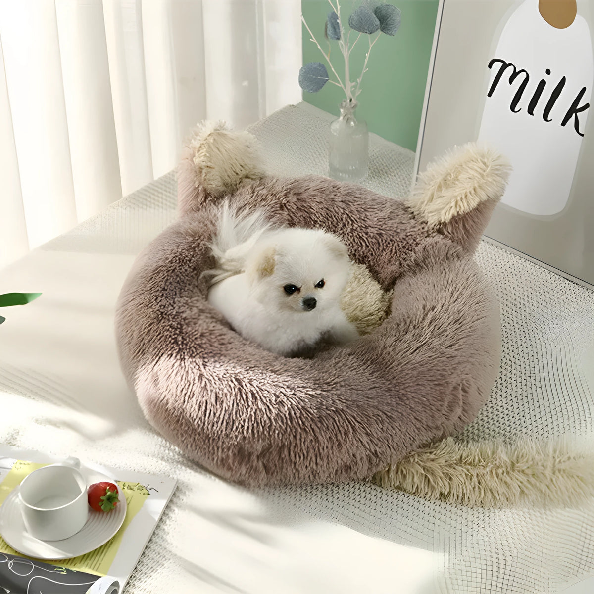 Cloth round pet nest for rabbit or small dog, available in 40cm to 80cm sizes and nine colours including dark grey and beige.