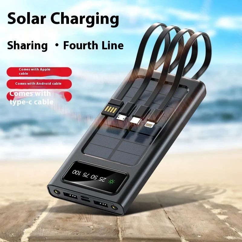 Black solar power bank with 20000mAh capacity and built-in charging cable for mobile phones