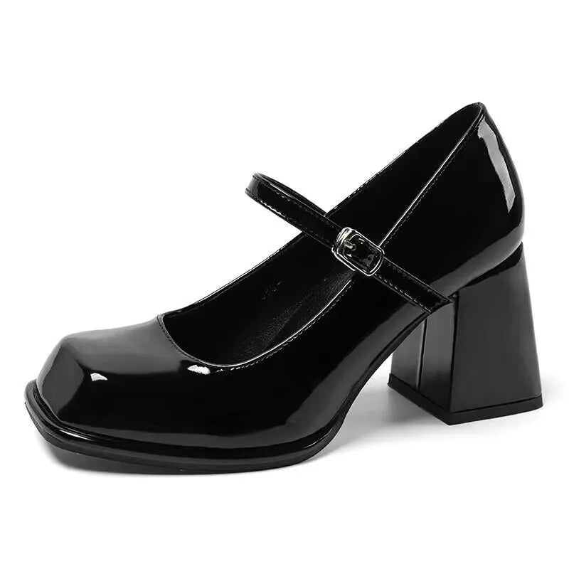 Women's retro black square toe chunky heel shoes with buckle closure and PU upper
