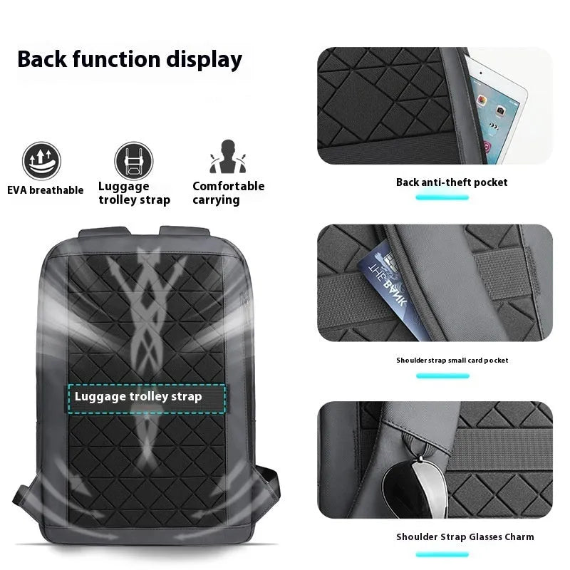 Lightweight Oxford cloth men's backpack in dark grey with sewing line details, shown from the side.