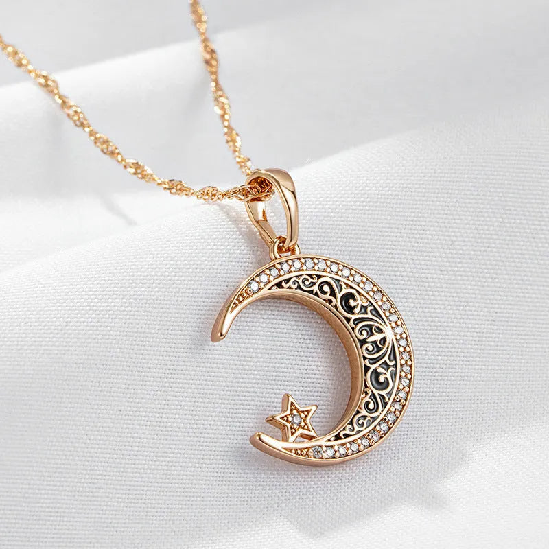 Rose gold star moon necklace with zircon pendant and adjustable chain