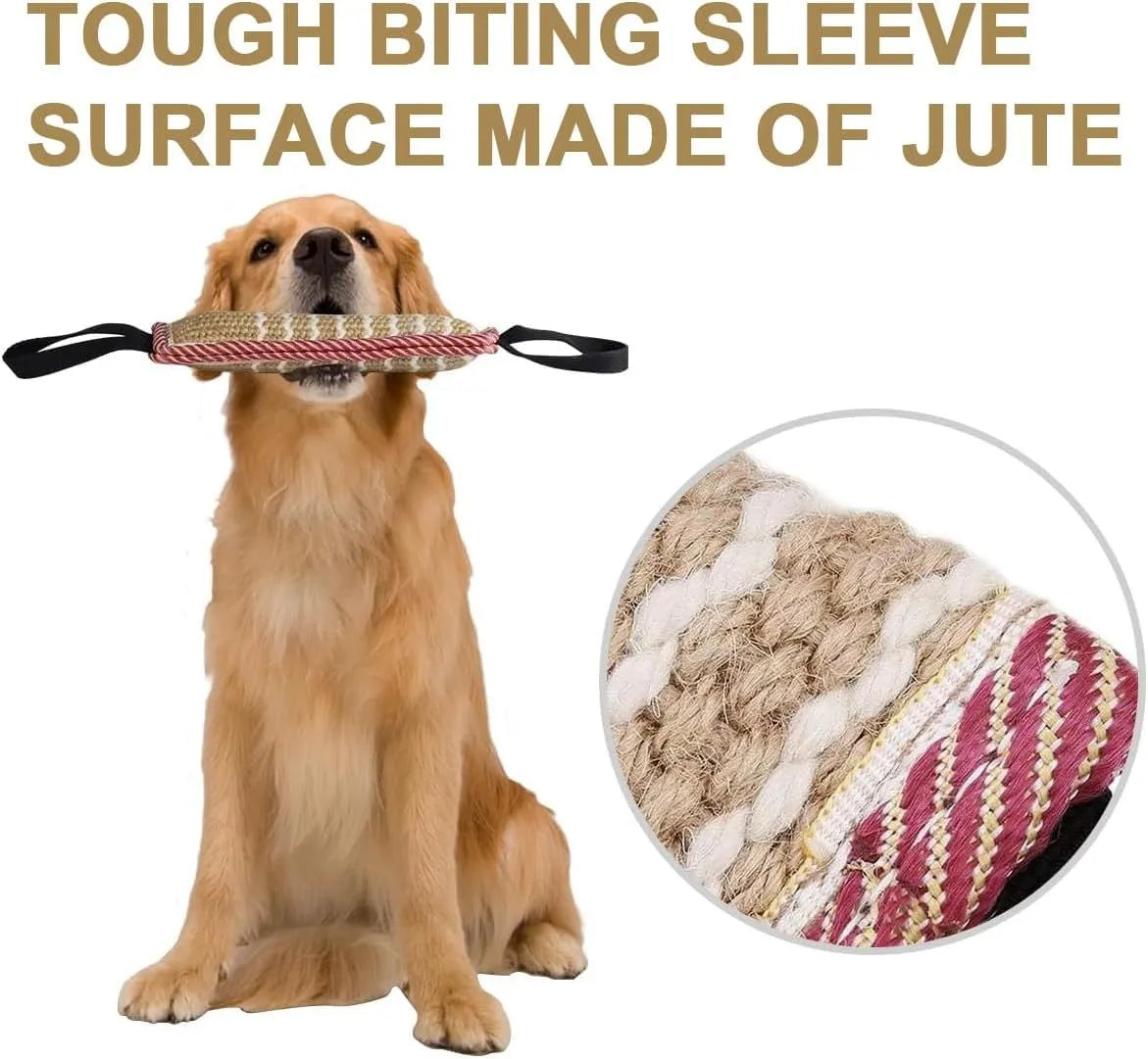Beige and pink jute dog tug toy with two fabric handles on a grey background.