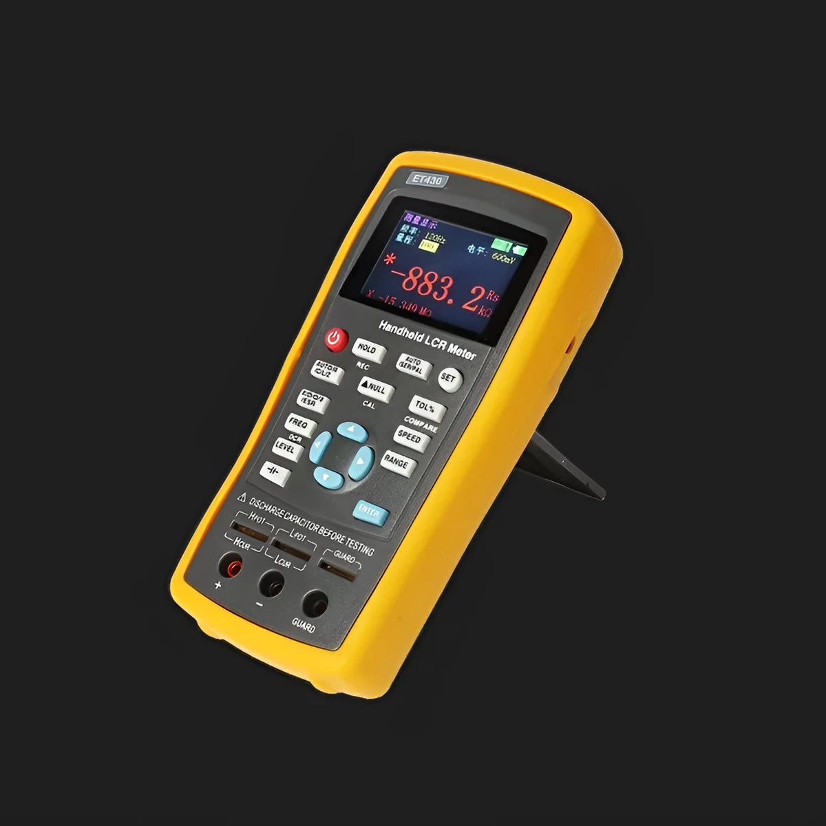 ET432 handheld LCR digital bridge with 2.8 inch TFT LCD, 100Hz to 100kHz range, Kelvin test clamp.