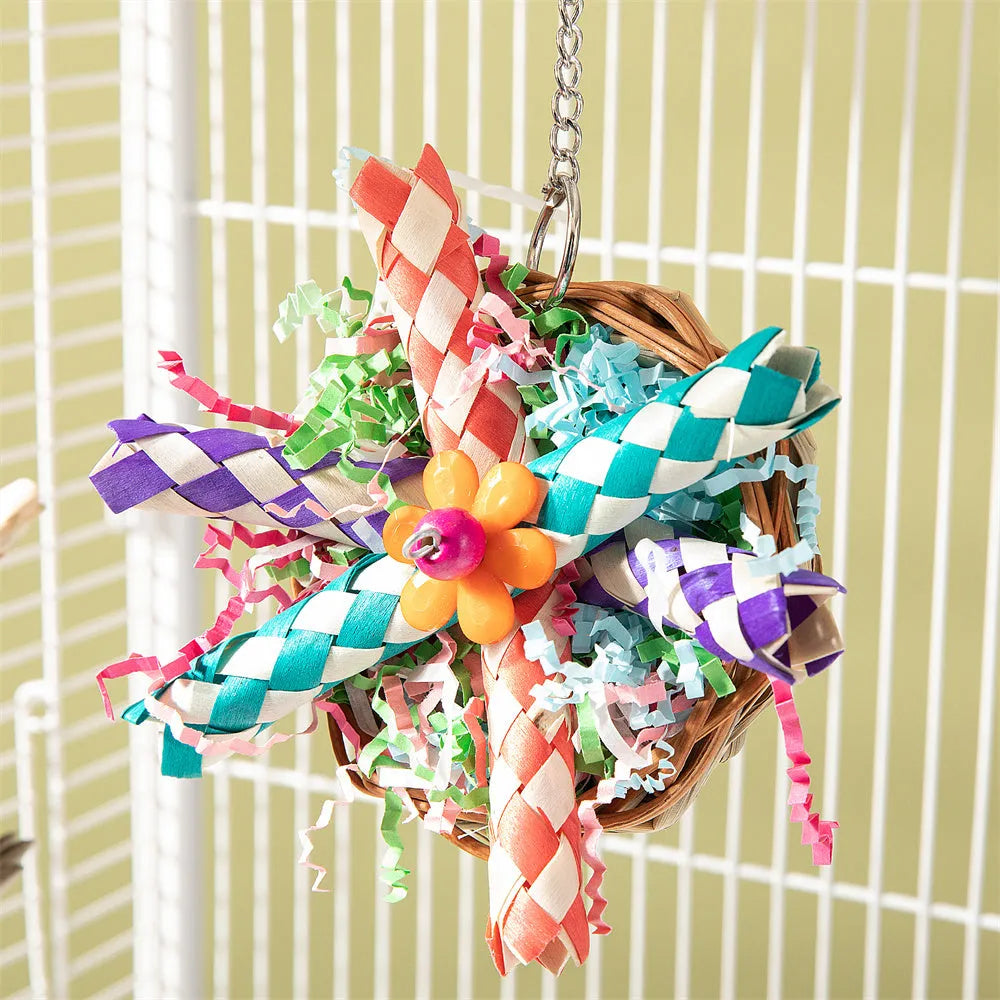 Parrot gnawing molar enrichment toy with three configuration options for beak stimulation