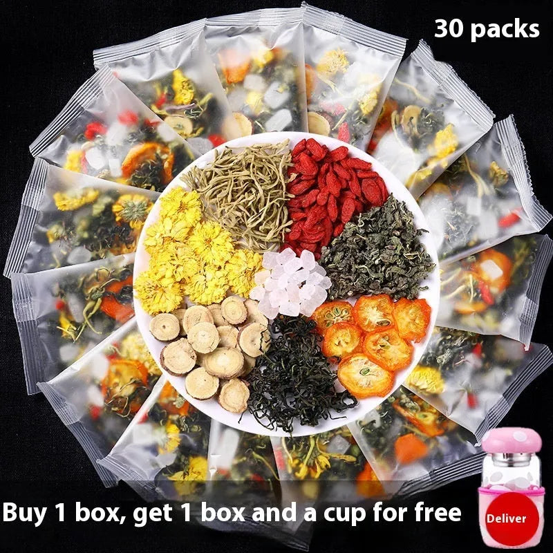 Honeysuckle chrysanthemum tea boxes with tea bags and complimentary cups in bundle packaging