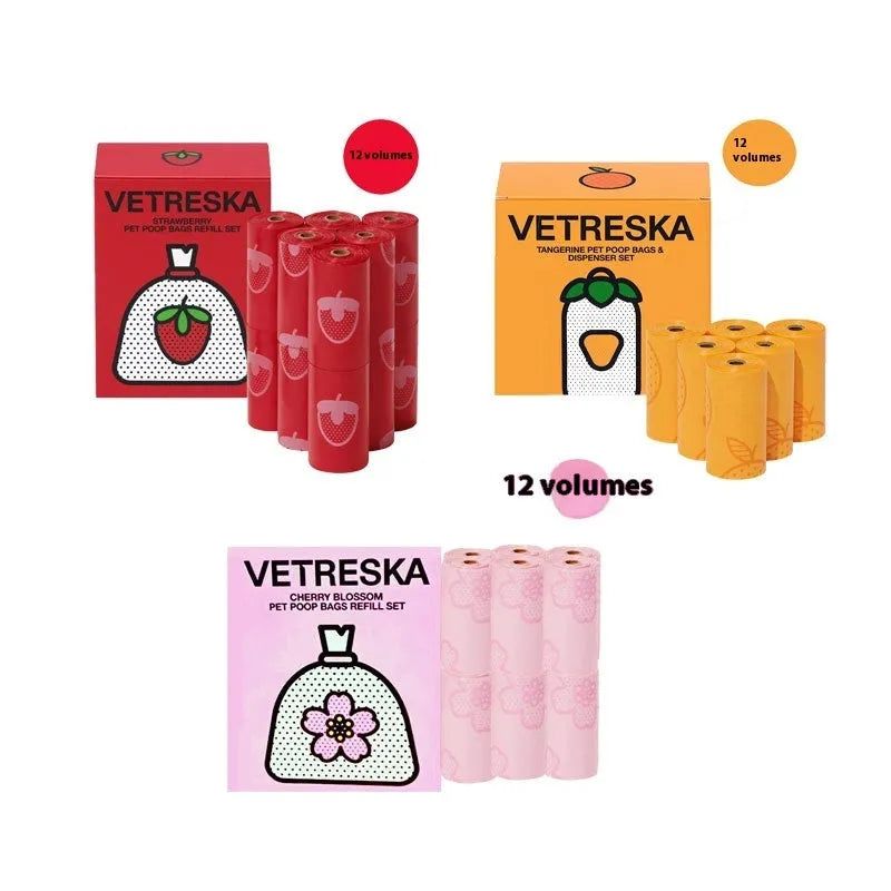 Portable dog poop picking bag capsule with scented inner bags in strawberry, orange and cherry blossom options