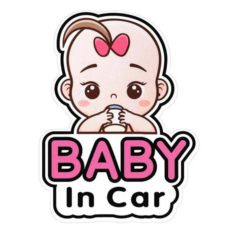 Baby on Board reflective car stickers showing baby and bottle designs in PET material for vehicle safety