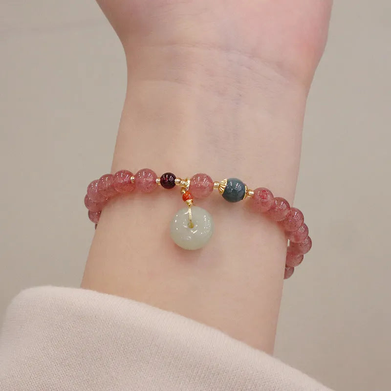Geometric strawberry quartz women's bracelet with peace buckle and lucky bag decoration