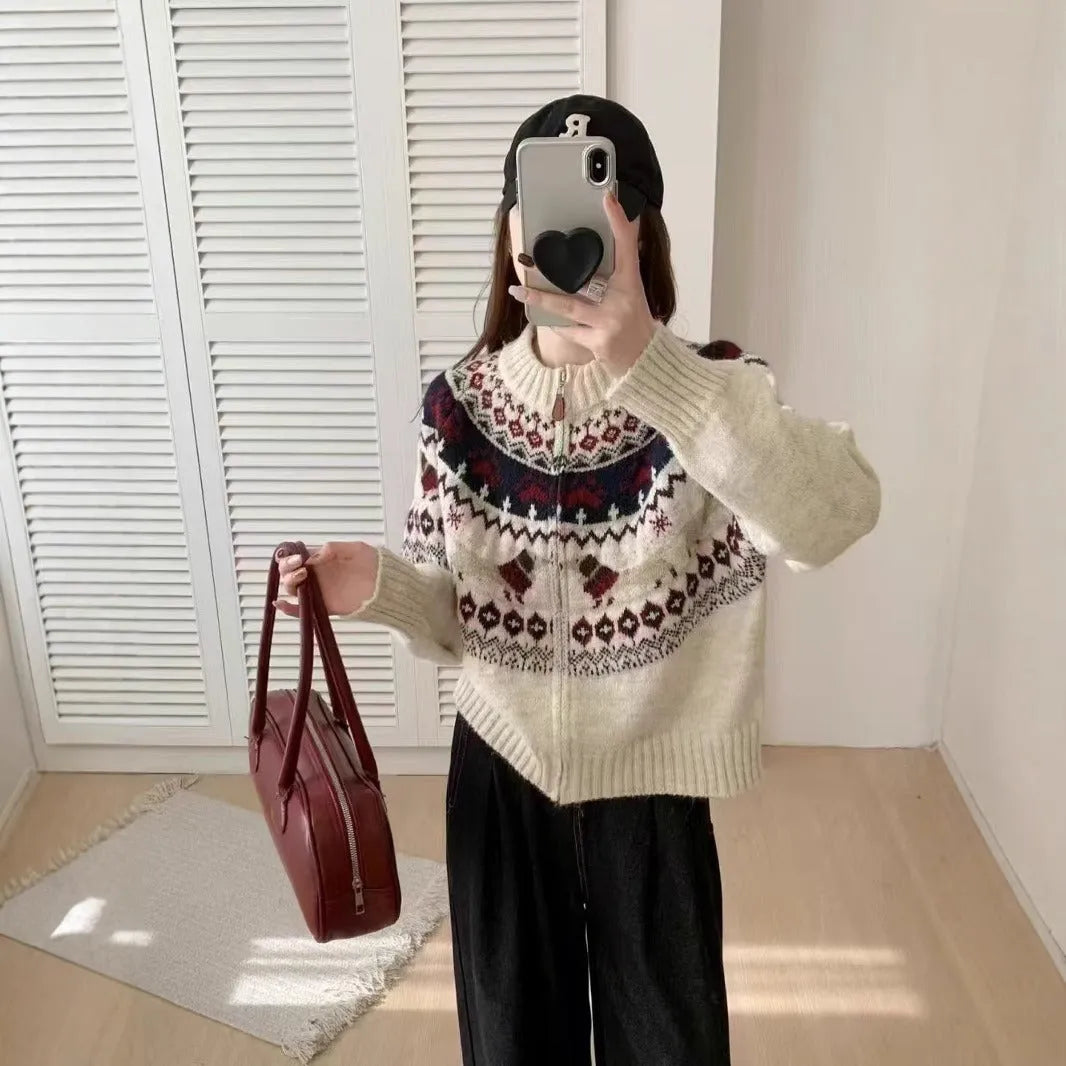 Ethnic style jacquard pullover sweater with 3D pattern in apricot or navy blue colour