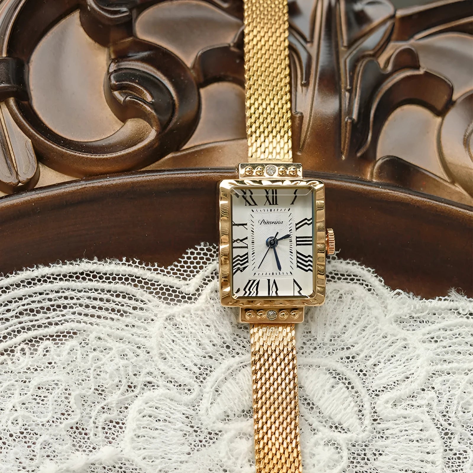 Women's rectangular white gold Milan belt watch with white face and steel strap
